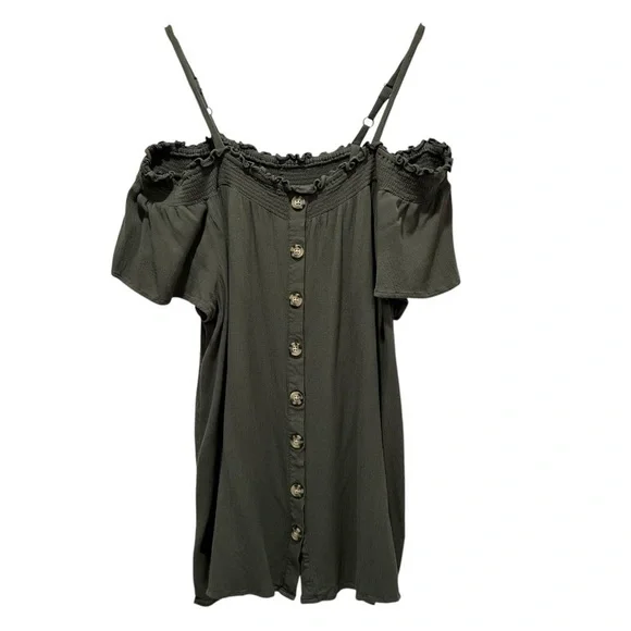Torrid Smocked Cold-Shoulder Olive Green Rayon Blouse Size 1X - Picture 3 of 7